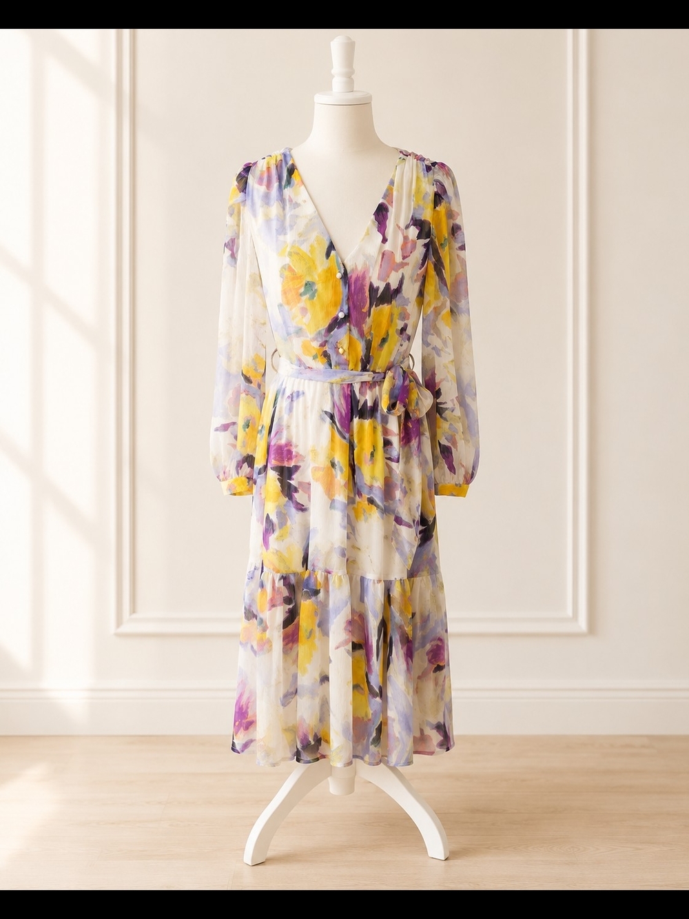 Dkny Yellow & Purple Floral Wrap Midi Dress NWOT, Size 6 - Picture 2 of 6